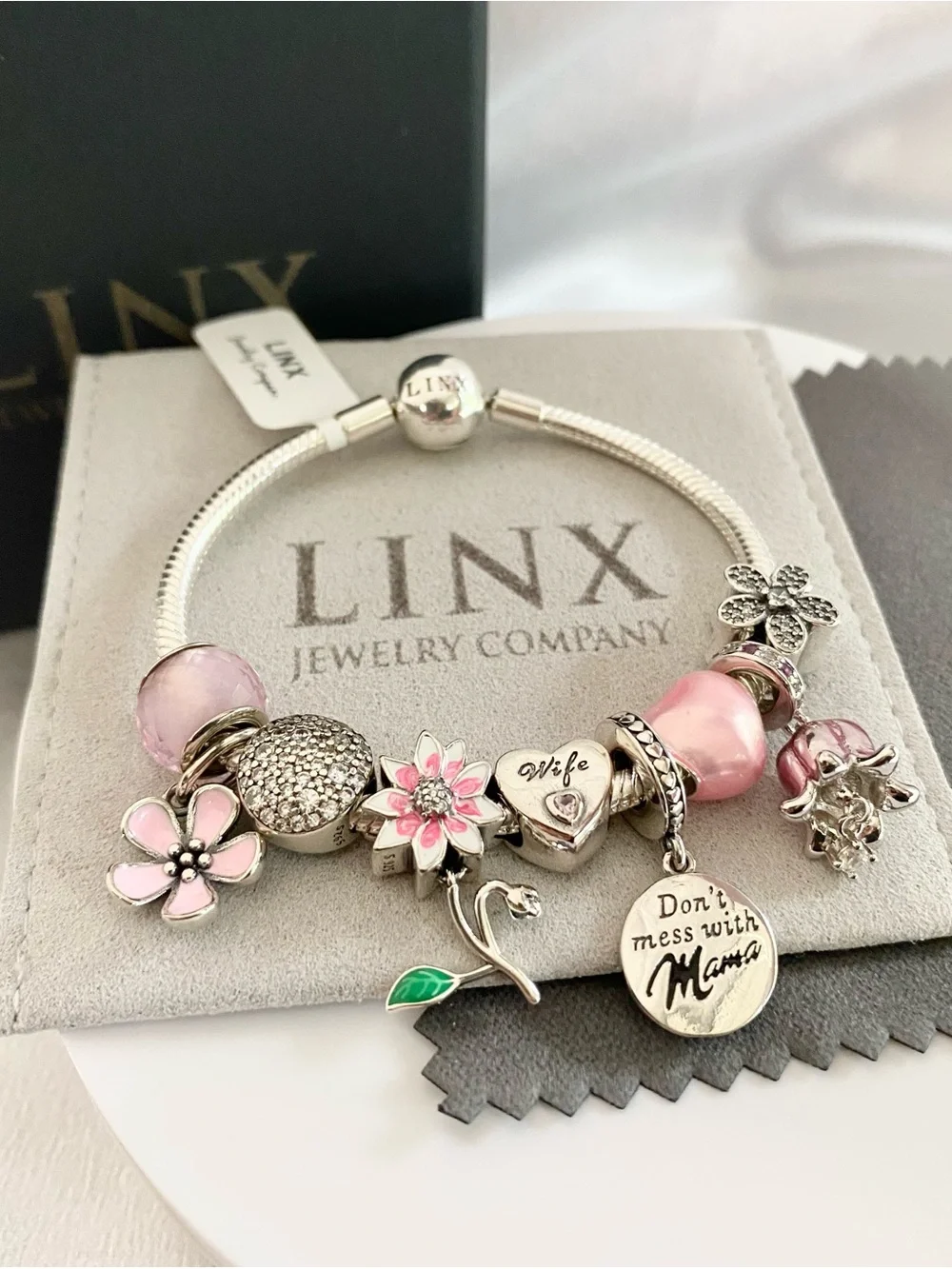 Linx Snake Chain Bracelet with Wife and Mom Themed Charms